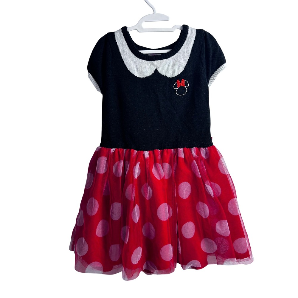 Disney Minnie Mouse Dress 5T Black Red Polka Dot Tulle Knit Kids